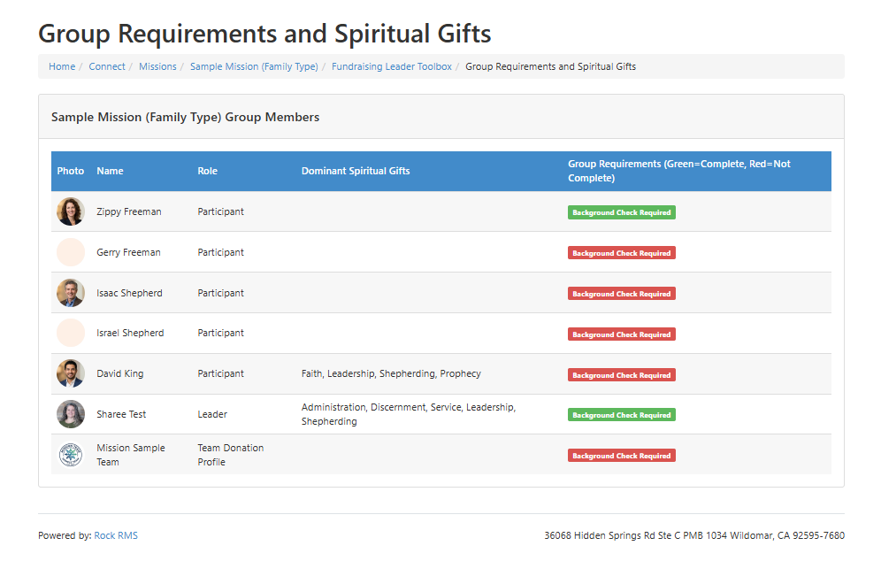 Sample screenshot of the Group Requirements grid