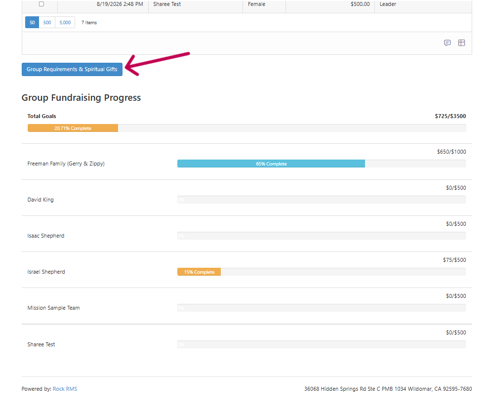 Sample screenshot of the Requirements button